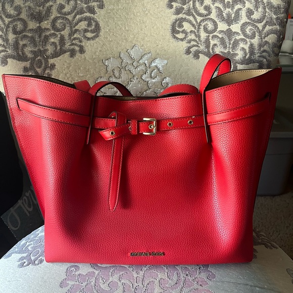 Michael Kors Handbags - Michael Kors Red Pebbled Leather Tote with Buckle Strap
